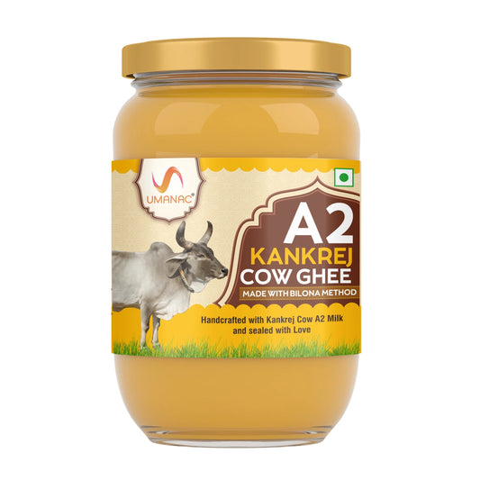 Umanac A2 Kankrej Cow Ghee-500ML | A2 Cow Desi Pure Ghee | Organic Grass Fed Cows | Traditional Bilona Method Ghee | Glass Jar | Enhance Immunity | No Artificial Additives