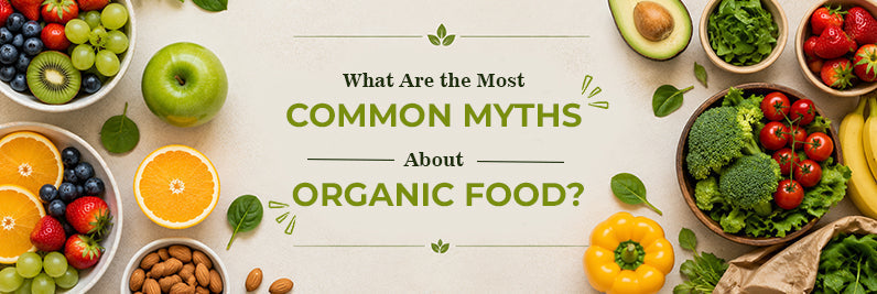 Organic food and produce illustrating common myths about organic farming and nutrition