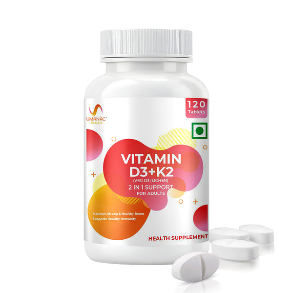 D3 + K2 (MK-7) Vitamin Tablets | Bone, Joint & Immunity Support | 120 Tabs - Umanac Plus