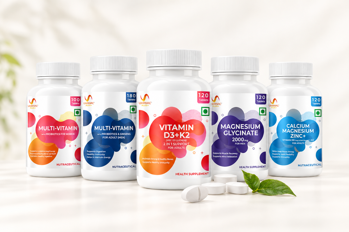 Generated hero image featuring the five real Umanac Plus supplement bottles on a soft off-white background